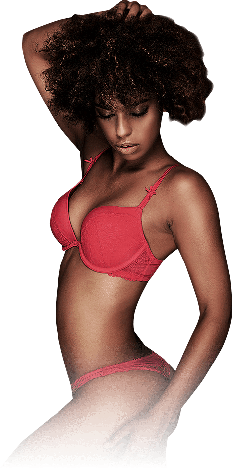 ebony lady with curly short hair wearing red underwear