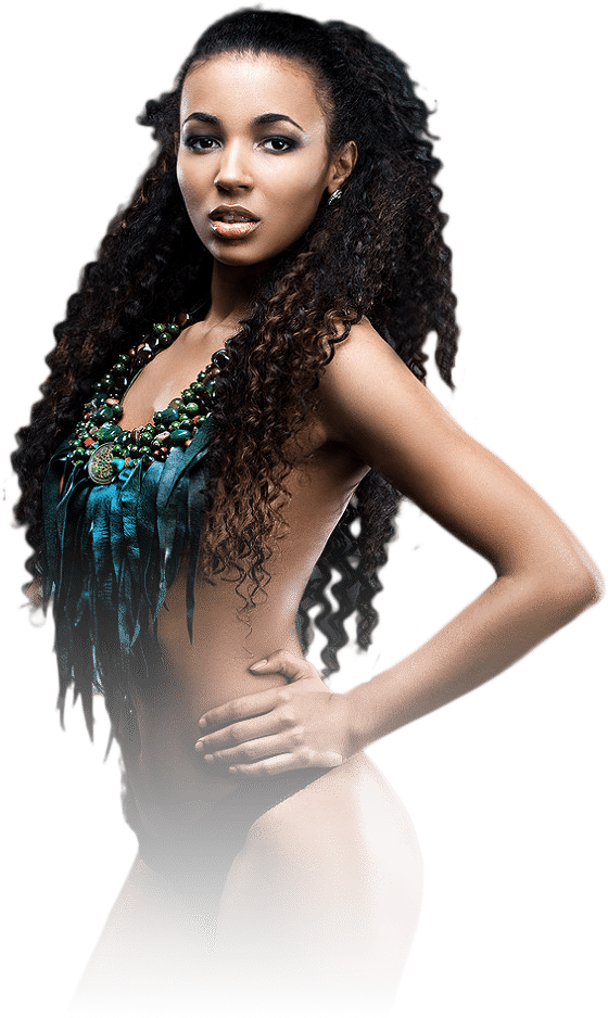 ebony lady with curly long hair wearing a thick beaded necklace and black underwear