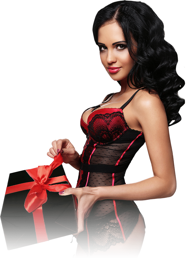 black haired lady in red and black corset holding a present
