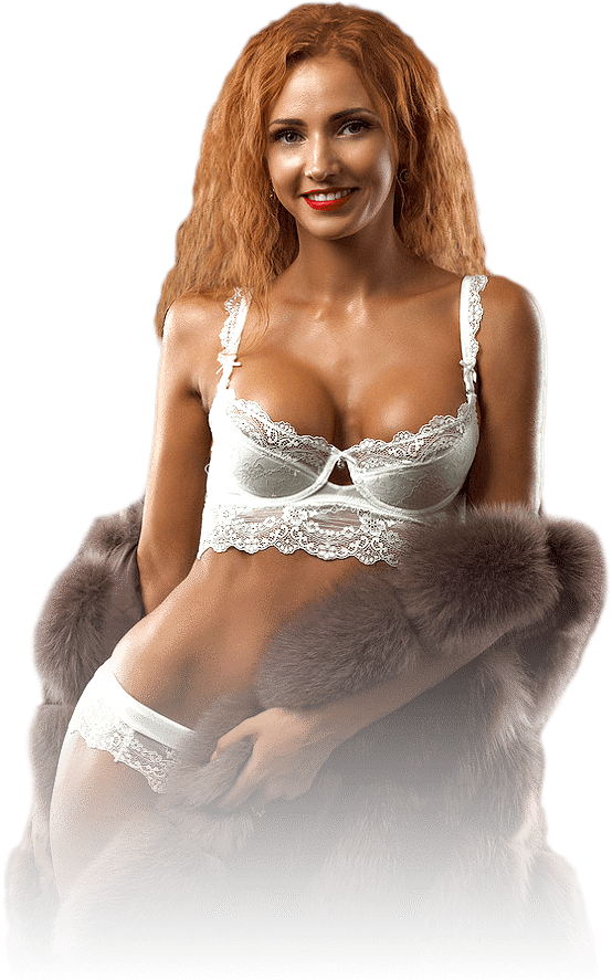 red haired lady wearing white lace underwear with brown fur coat